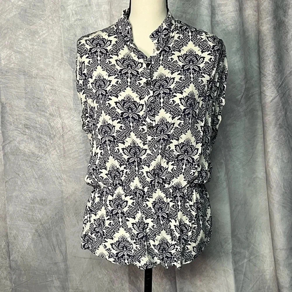 Bench Dolman Sleeve Elastic Waist Peplum Blue & White Toile Blouse - Medium